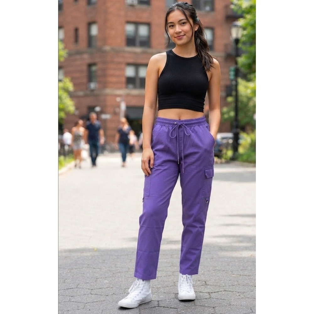 Centro Womens Purple Cargo Pants Elastic Waist Utility Trousers Size M